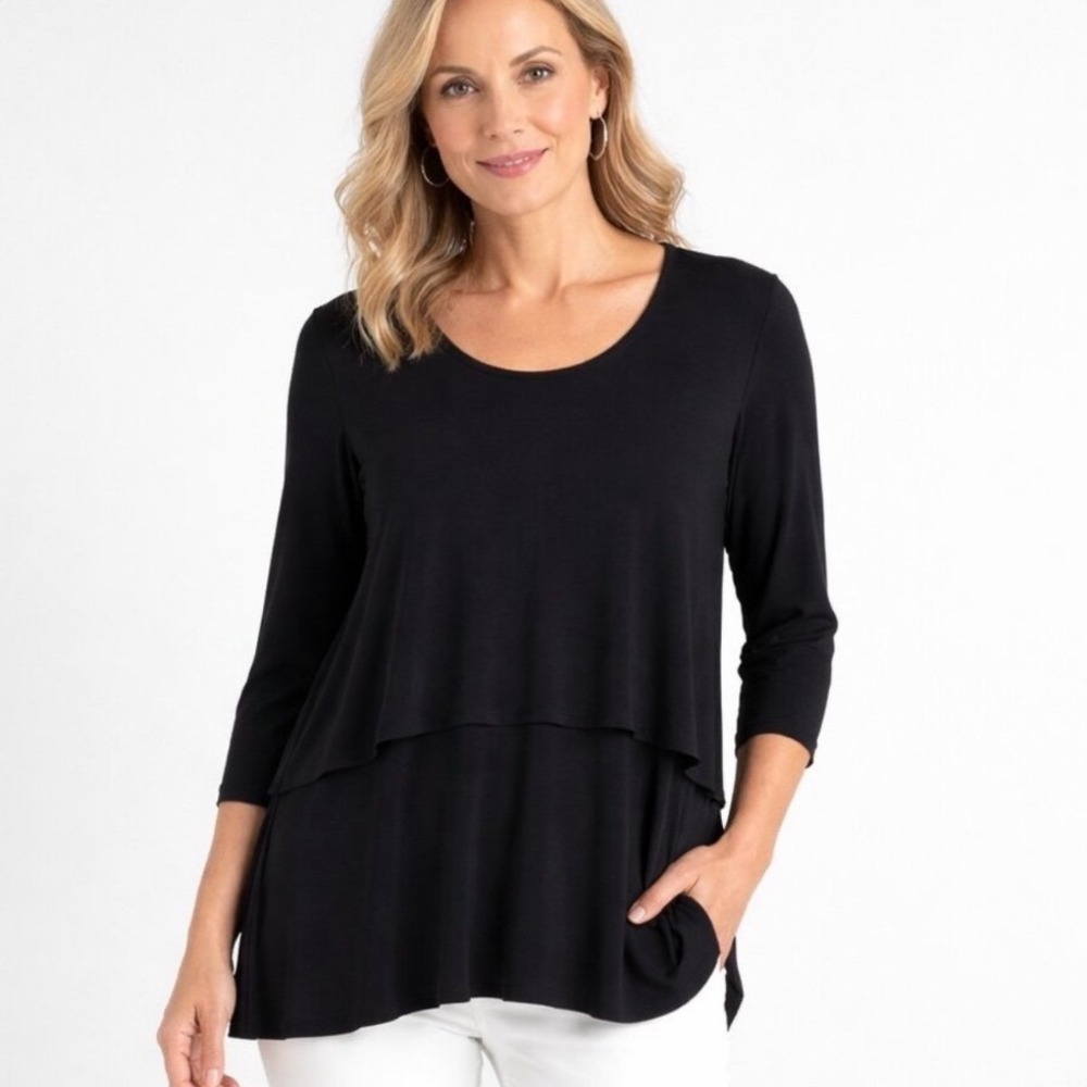 Sympli Women Black Layered Tunic Top Scoop Neck 3/4 Sleeve Pockets Size 14